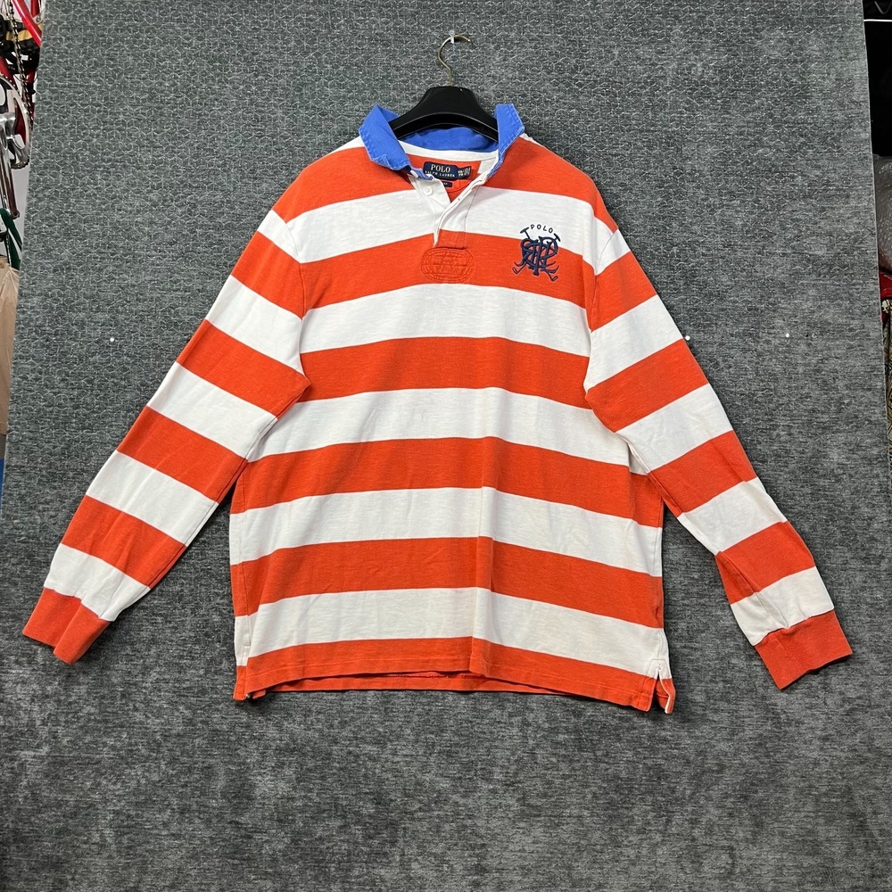 Polo Ralph Lauren Rugby Shirt Mens Orange White Striped Custom Fit Classic - 2XL